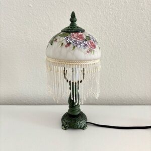 Vintage Rose Floral Table Lamp with Beaded Fringe
